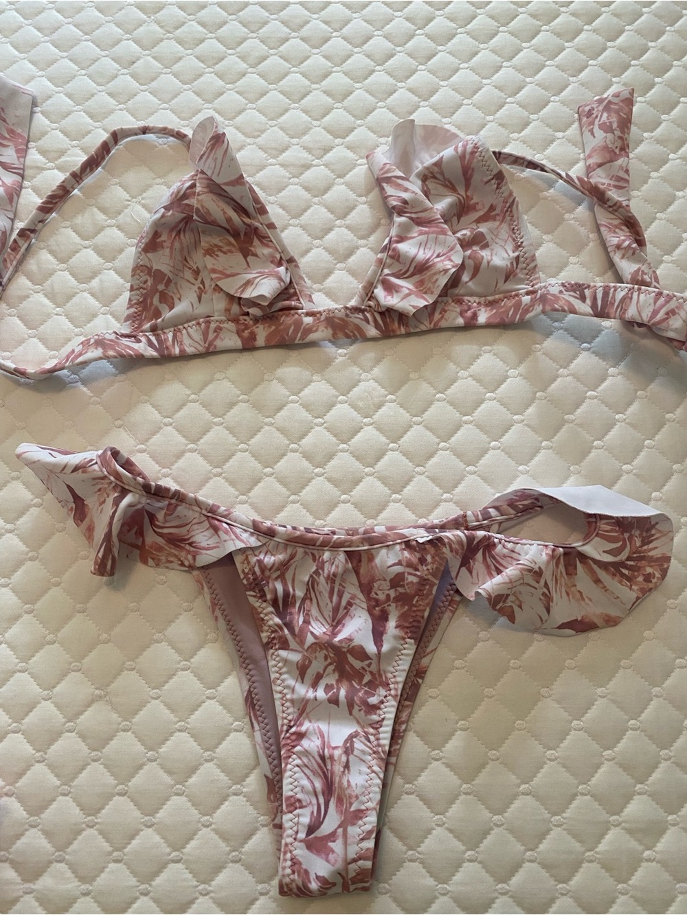 Floral Ruffle Triangle Bikini Set - Pink/White